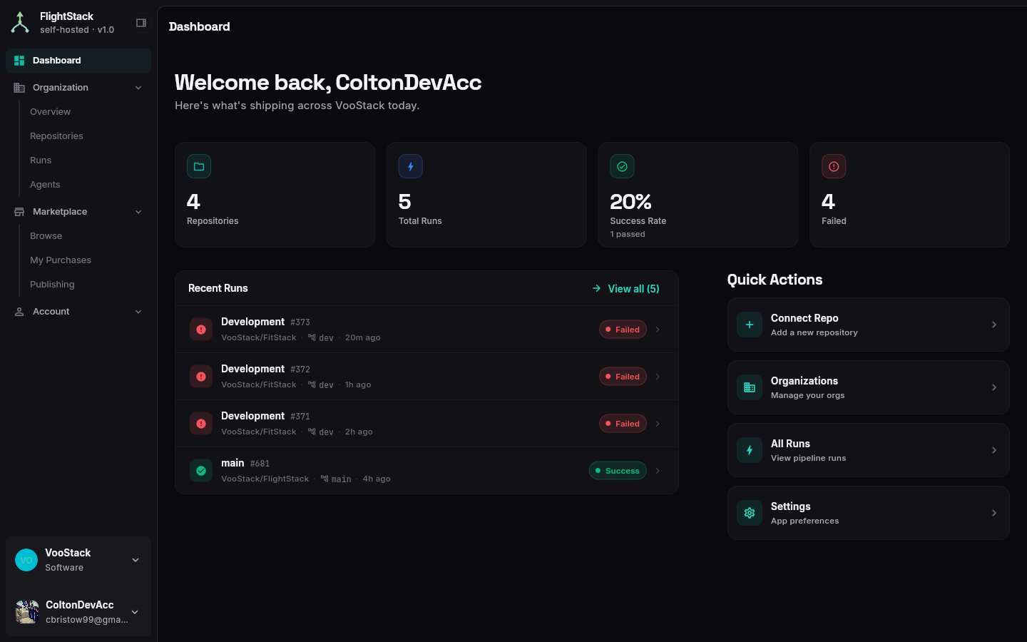 FlightStack dashboard with stat grid and Recent Runs panel