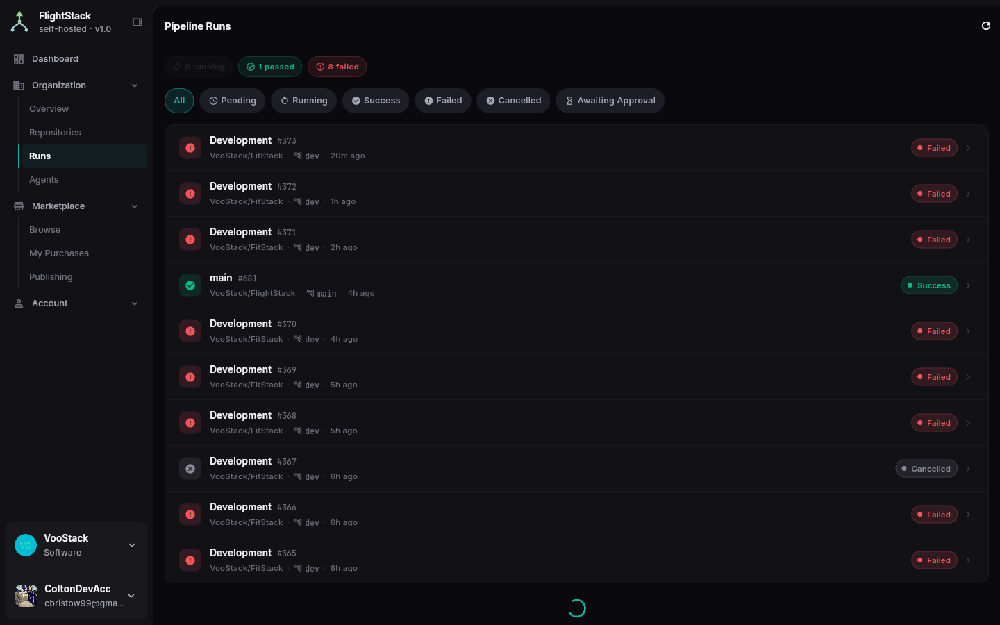 FlightStack pipeline runs list